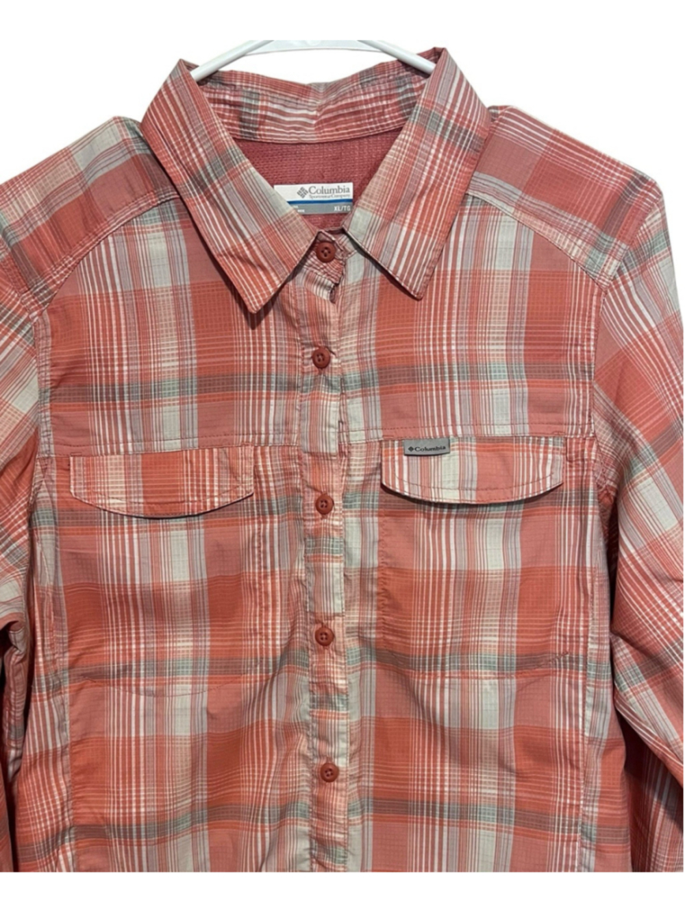 Columbia Plaid Shirt Women’s XL Coral Gray Vented Hiking Fishing Outdoor Button
